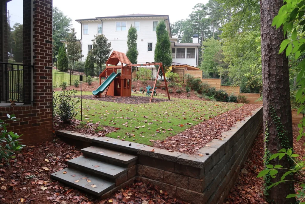 landscaped backyard with retaining wall