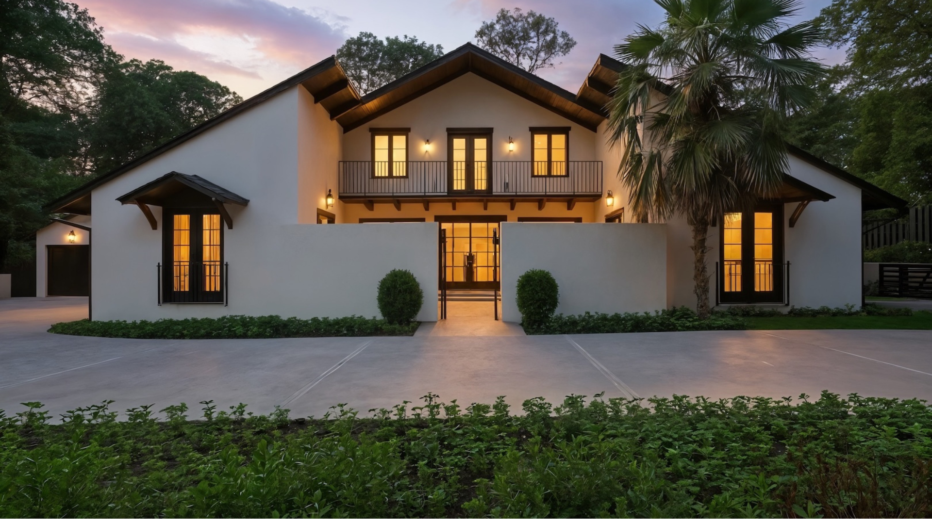 evening view of home with lights and landscaping